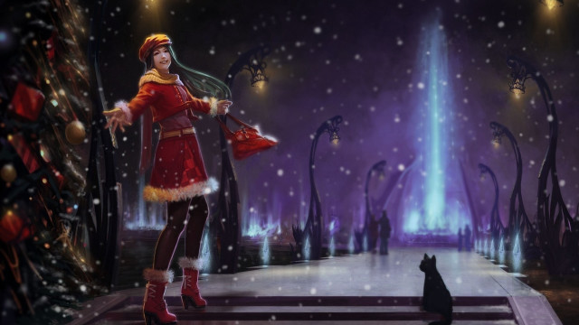 Woman red coat cat snowy free wallpaper - medium preview image