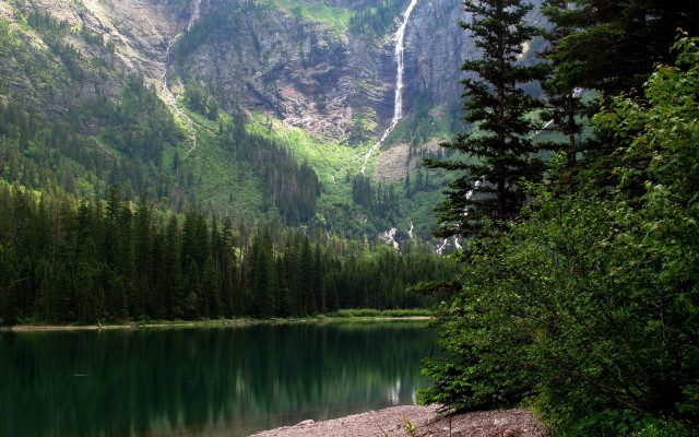 Mountain lake forest waterfall people free wallpaper - medium preview image
