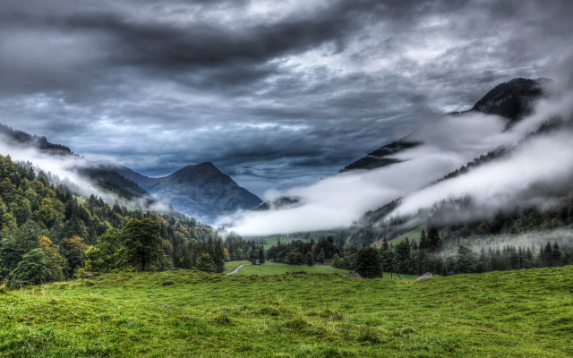 Mountain valley grassy forest clouds free wallpaper - medium preview image