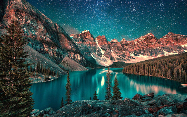 Lake mountains night starry sky free wallpaper - medium preview image