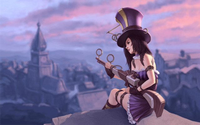 Purple dress hat sitting cityscape free wallpaper - medium preview image