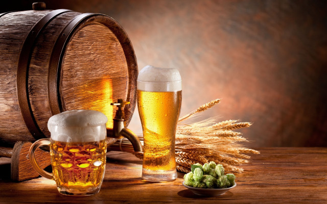 Wooden barrel beer glasses grapes free wallpaper - medium preview image