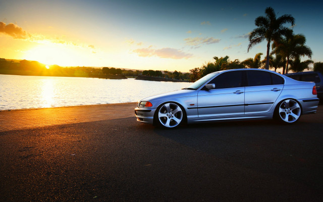Silver car beach sunset palm free wallpaper - medium preview image