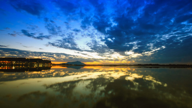 Lake sunset mountain clouds bridge free wallpaper - medium preview image