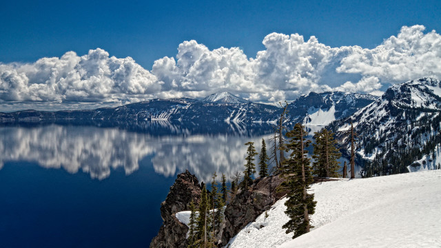 Mountain lake clouds trees snowy free wallpaper - medium preview image