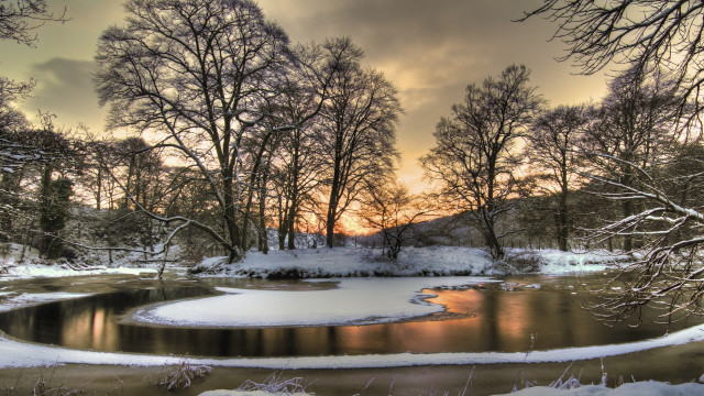 River snowy trees sunset forest free wallpaper - medium preview image