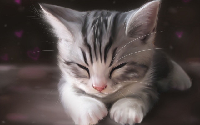 Kitten sleeping bed photorealistic painting free wallpaper - medium preview image