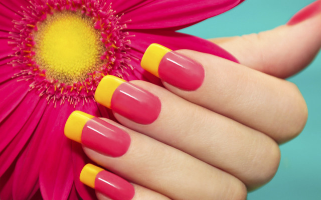 Woman hand pink yellow manicure free wallpaper - medium preview image