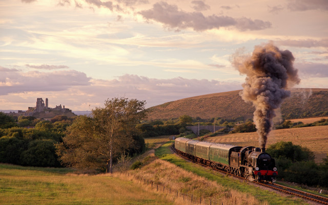 Train field castle smoke backlit free wallpaper - medium preview image