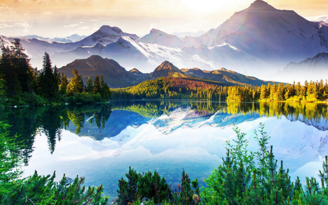 Mountain lake nature sunset trees free wallpaper - medium preview image