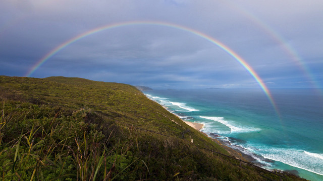 Rainbow beach cliff ocean cloudy free wallpaper - medium preview image