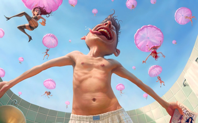 Pink umbrella man fantasy digital free wallpaper - medium preview image