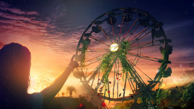 Woman clock ferriswheel sunset magicrealism free wallpaper - medium preview image