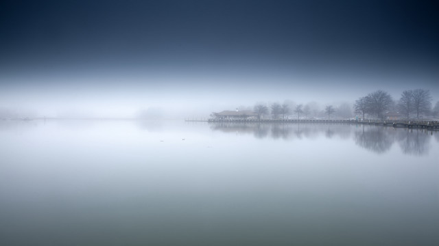Foggy lake house trees mountain free wallpaper - medium preview image