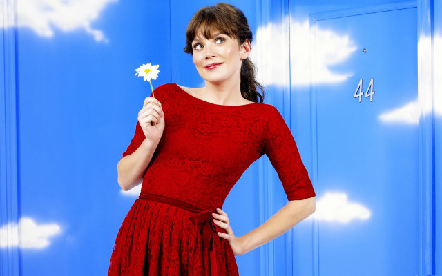 Woman red dress blue door free wallpaper - medium preview image