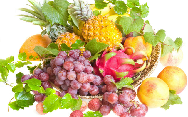 Basket fruit leaves grapes peaches free wallpaper - medium preview image