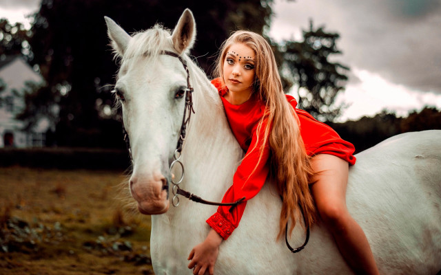 Woman red dress white horse free wallpaper - medium preview image