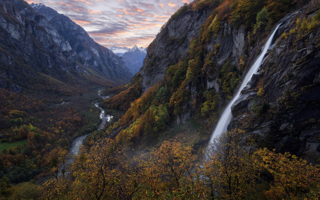 Waterfall valley mountains fall foliage free wallpaper - medium preview image