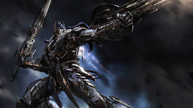 Robot armor sword clouds blackwhite free wallpaper - medium preview image