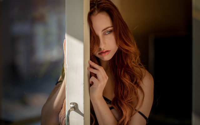Woman redhair window doorhandle artnouveau free wallpaper - medium preview image
