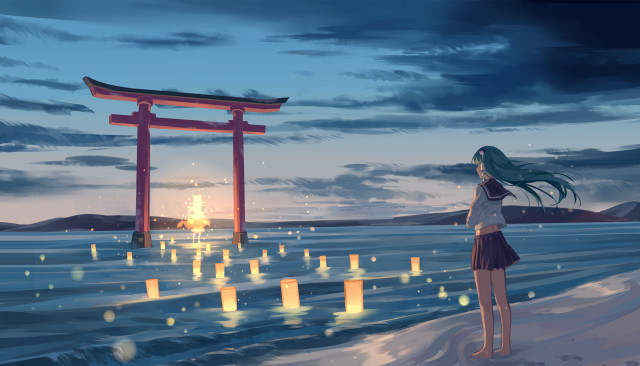 Woman gate candles water sky free wallpaper - medium preview image