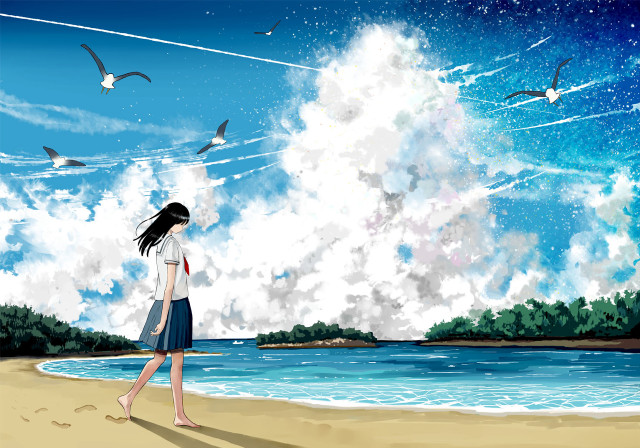Girl walking beach birds flying free wallpaper - medium preview image