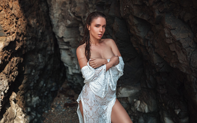 Woman cave white dress artnouveau free wallpaper - medium preview image