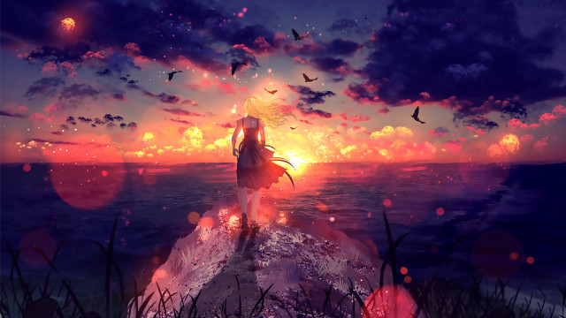 Woman ocean sunset birds neo free wallpaper - medium preview image