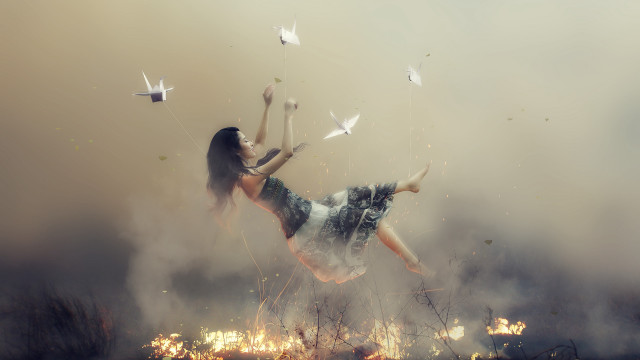 Woman flying kite birds magical free wallpaper - medium preview image