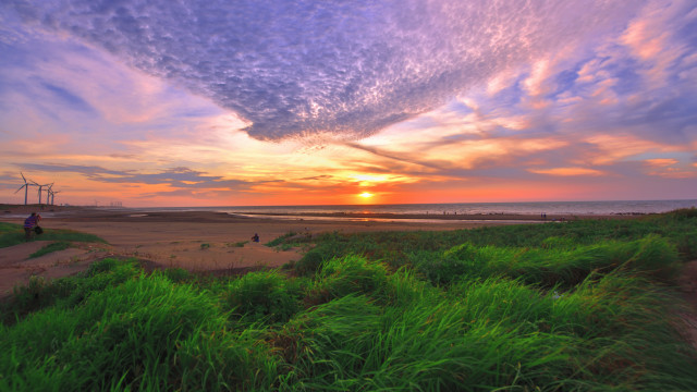 Sunset beach windmill person clouds free wallpaper - medium preview image