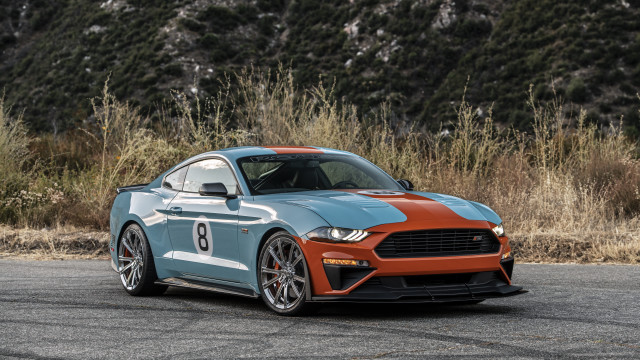 Blue orange mustang forest road free wallpaper - medium preview image
