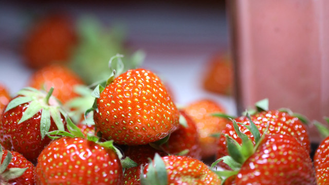 Strawberries milk blurry background macro free wallpaper - medium preview image