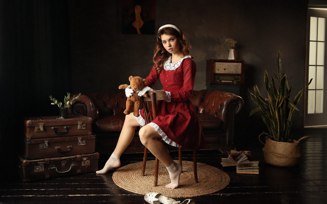 Woman red dress teddy bear free wallpaper - medium preview image