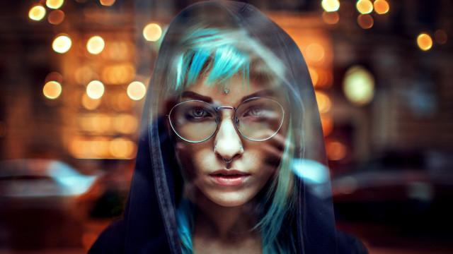 Blue hair glasses cyberpunk elfsa free wallpaper - medium preview image
