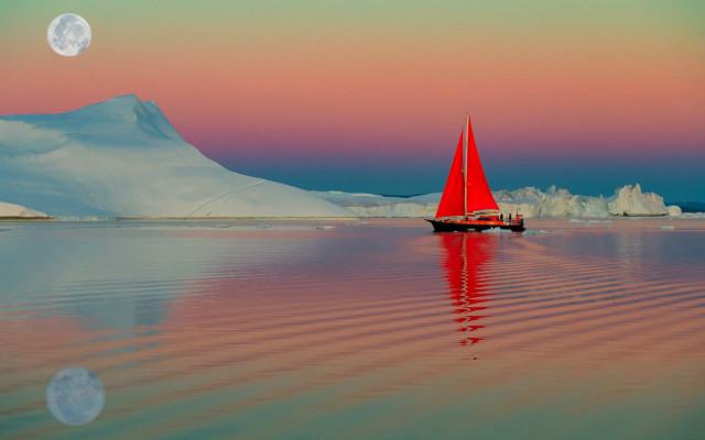 Red sailboat icebergs sunset moon free wallpaper - medium preview image