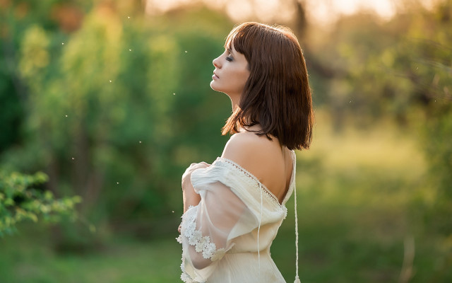 White dress woman forest bokeh free wallpaper - medium preview image