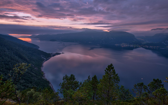 Lake mountains trees sunset pink free wallpaper - medium preview image