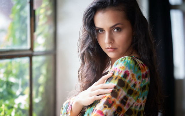 Woman posing green plant window free wallpaper - medium preview image