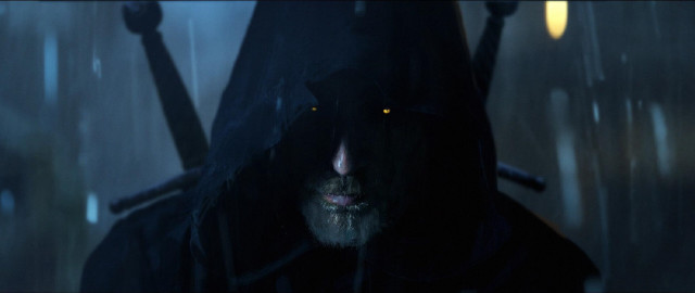 Hooded man glowing eyes rain free wallpaper - medium preview image
