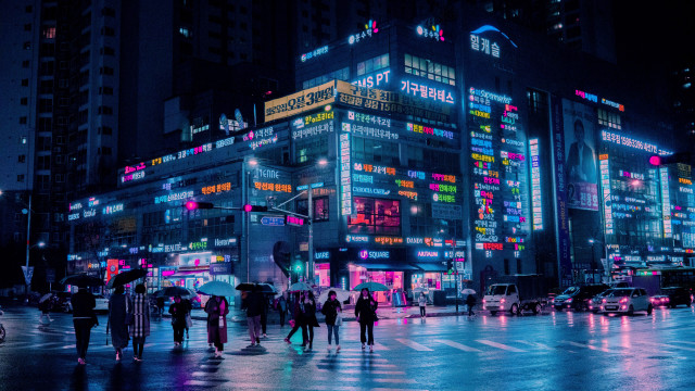 Cyberpunk city night rain reflection free wallpaper - medium preview image