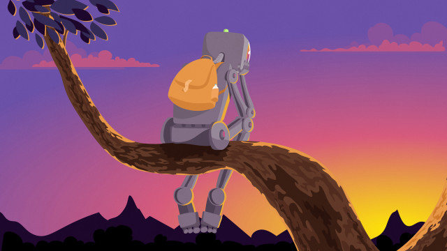 Robot tree branch helmet backpack free wallpaper - medium preview image