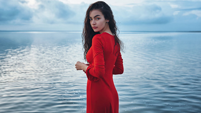 Woman red dress beach ocean #3 free wallpaper - medium preview image