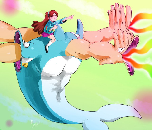 Woman riding shark rainbow tail free wallpaper - medium preview image