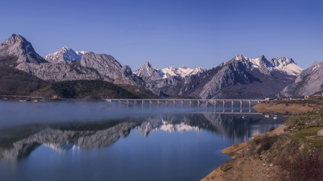 Bridge lake mountains fantasy city free wallpaper - medium preview image
