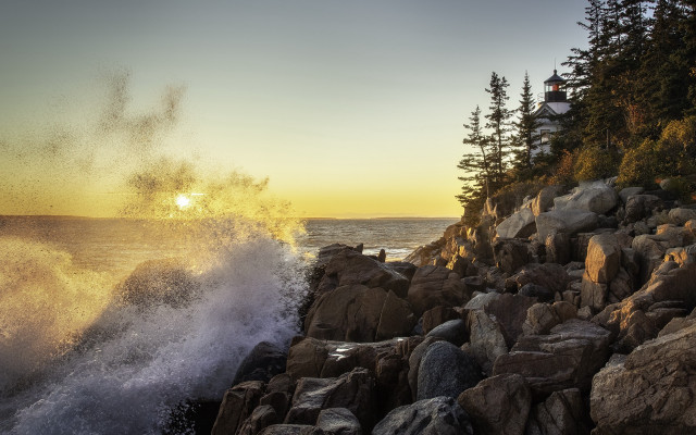 Wave rocky shore sunset lighthouse free wallpaper - medium preview image