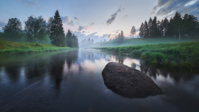 River rock forest sunset magic free wallpaper - medium preview image