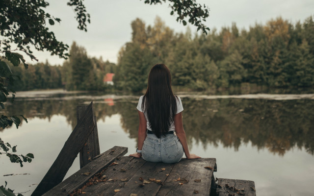 Woman dock lake trees sunset #2 free wallpaper - medium preview image