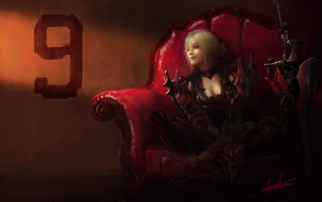 Woman red chair sword number9 free wallpaper - medium preview image