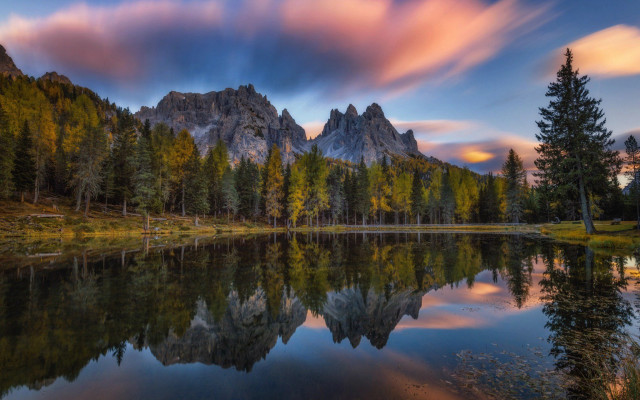 Mountain reflection sunset lake forest free wallpaper - medium preview image