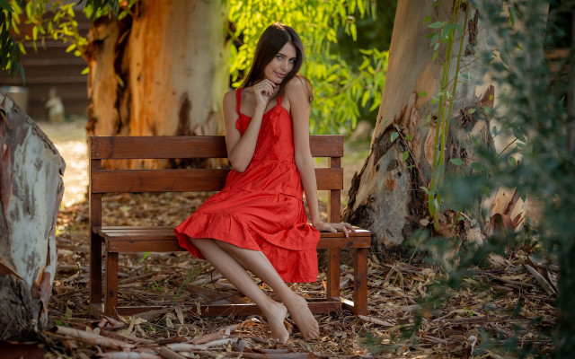 Woman red dress forest bench #2 free wallpaper - medium preview image
